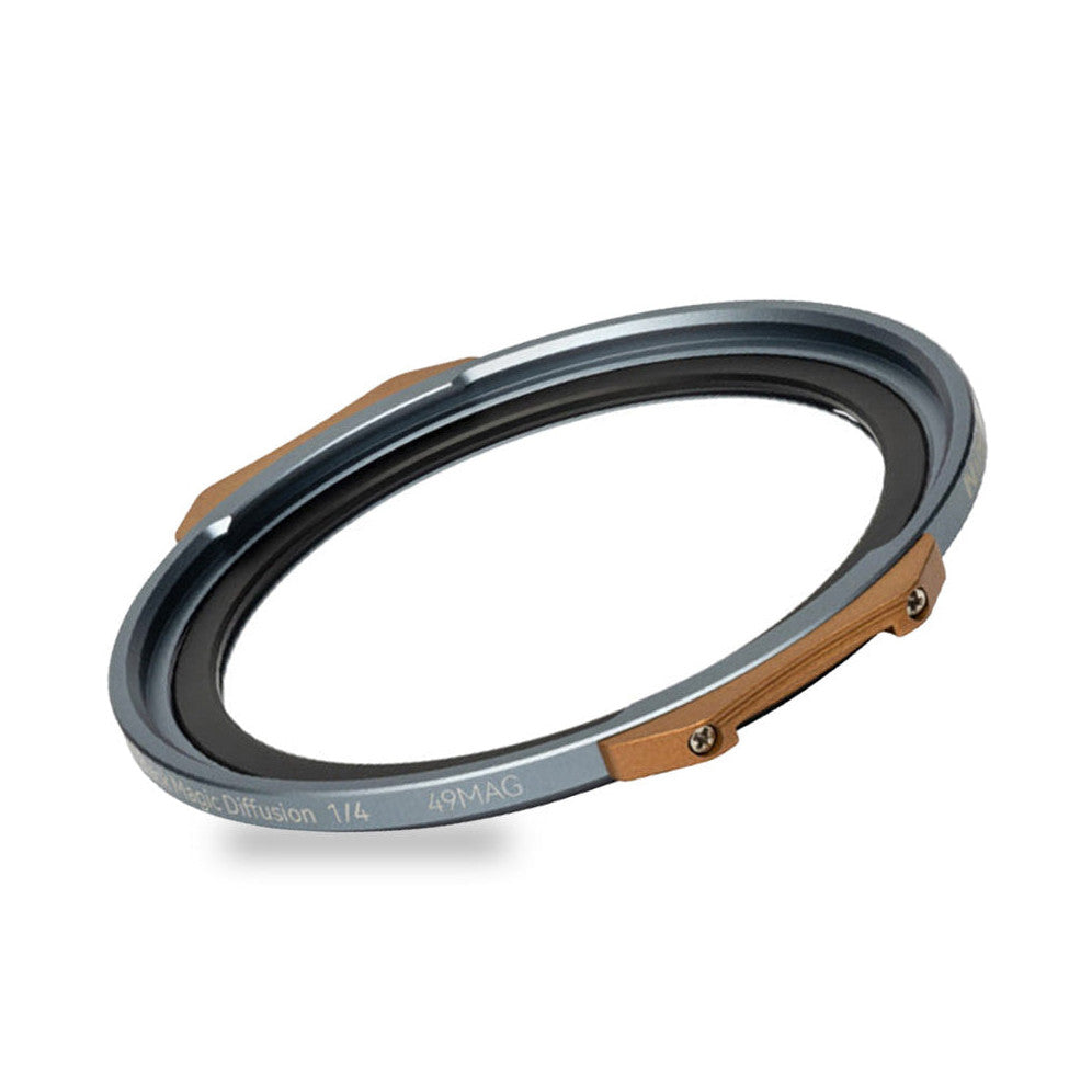 Angled side view of a circular magnetic filter with gray metal rim, black inner surface, and tan leather strap attachment points.