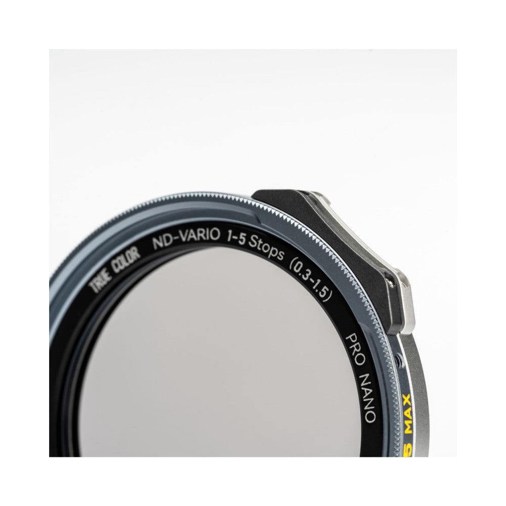 Close-up of NiSi ND-VARIO filter showing the front lens surface and text detailing "1-5 Stops" specification against white background.