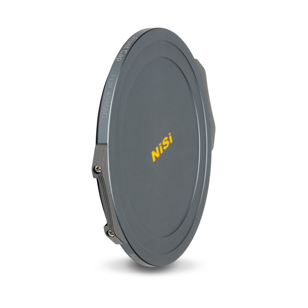 Gray circular magnetic lens cap with yellow NiSi branding, shown at a slight angle against a white background.