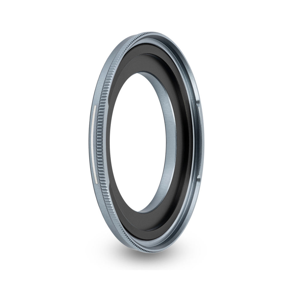 Angled side view of a gray and black magnetic adapter ring with ridged outer edge against white background.