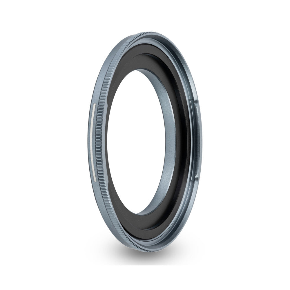 Angled side view of a gray and black magnetic adapter ring with ridged outer edges against white background.