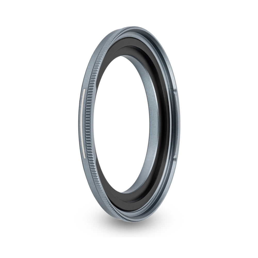 Angled side view of a silver and black magnetic adapter ring with ribbed outer edge and recessed inner chamber, isolated on white background.
