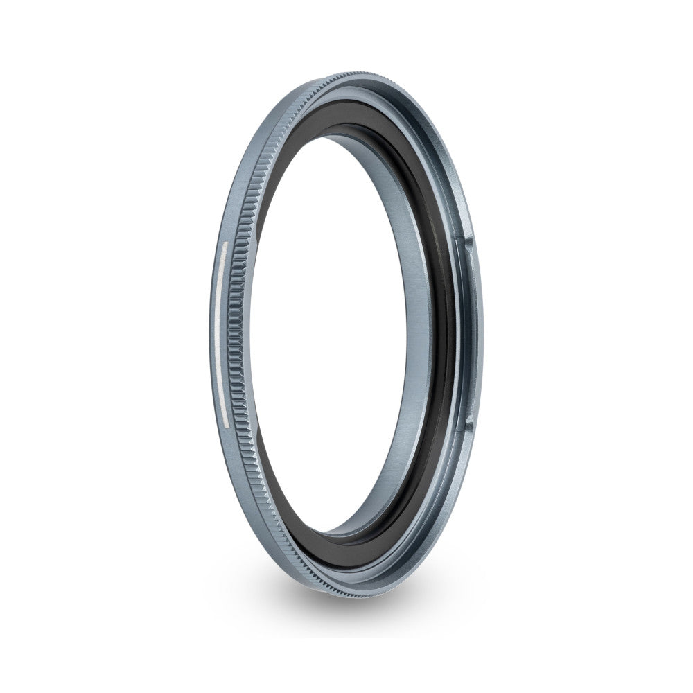 Three-quarter view of a silver and black magnetic adapter ring with ridged outer edge, shown against a white background.