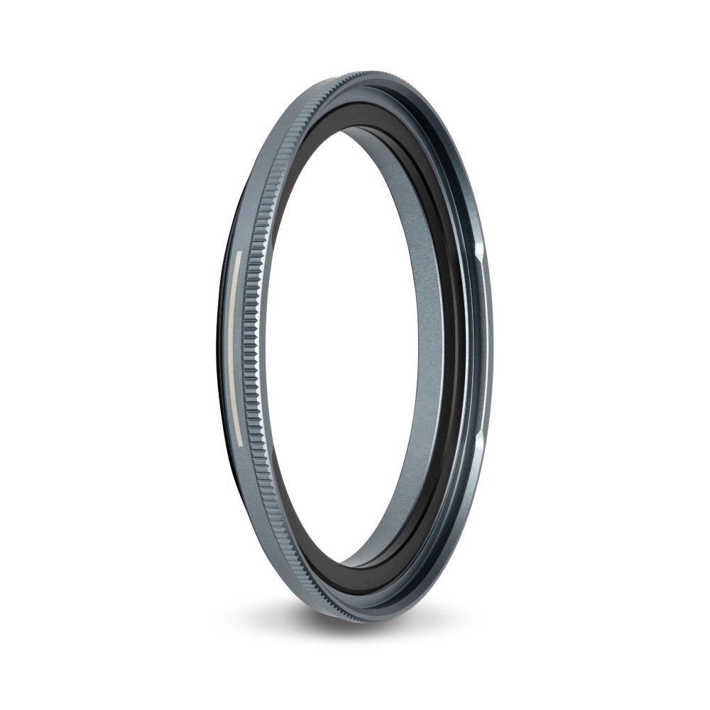 Side view of a gray and black magnetic adapter ring with threaded inner edge and smooth outer surface against white background.