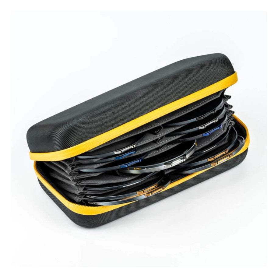 Open NiSi filter pouch with yellow trim displaying stacked circular camera filters inside black protective sleeves.