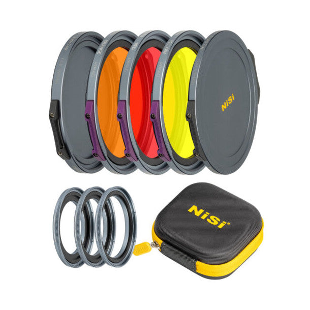 NiSi JetMag Pro filter kit displaying stacked magnetic filters in various colors, protective rings, and carrying case against white background.