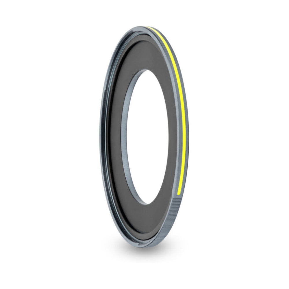 Side view of a gray magnetic adapter ring with yellow luminous stripe, showing the circular opening and layered ring structure against white background.