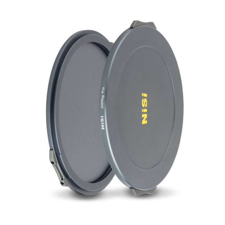 Two gray circular magnetic adapter rings shown from the side, with yellow NiSi branding visible on the front cap.