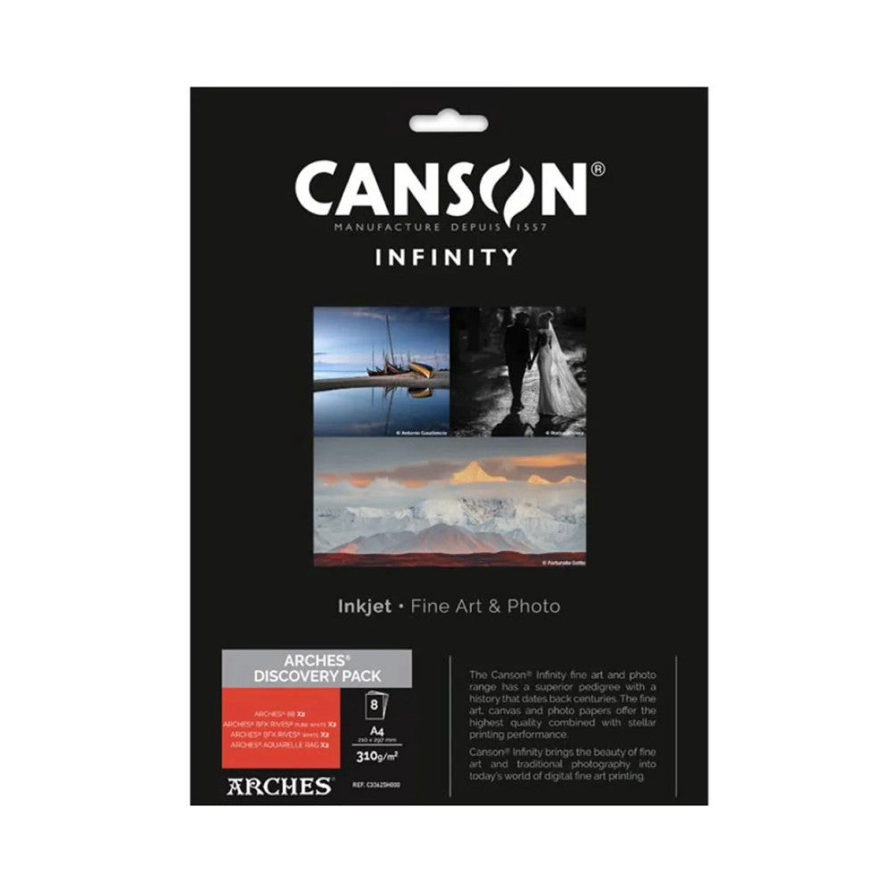 Front of Canson Infinity Arches Discovery Pack showing product images, specifications (A4, 310g/m²), and sample fine art photographs on black background.