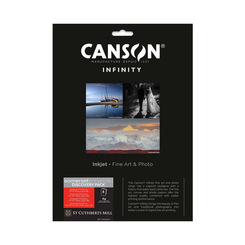 Canson Infinity Somerset Discovery Pack product packaging front showing sample images and product details on black background.