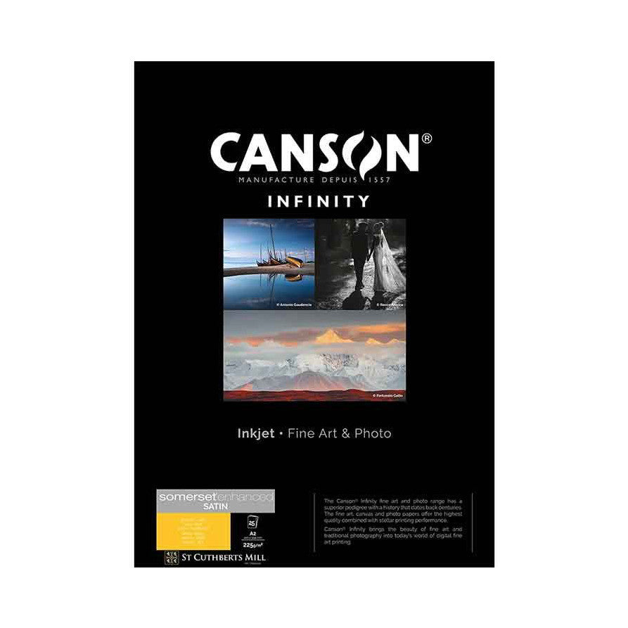 Front of Canson Infinity product packaging showing fine art paper samples with landscape and portrait photography examples on black background.