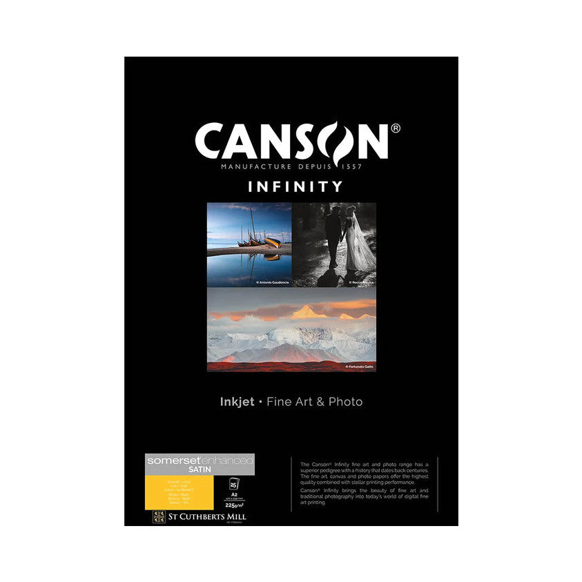 Front of Canson Infinity Somerset Enhanced product box showing brand logo, sample fine art photographs, and product specifications on black background.