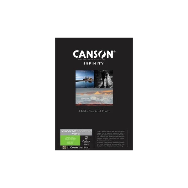 Front of Canson Infinity Somerset Enhanced Velvet paper package showing product images and specifications on black background.