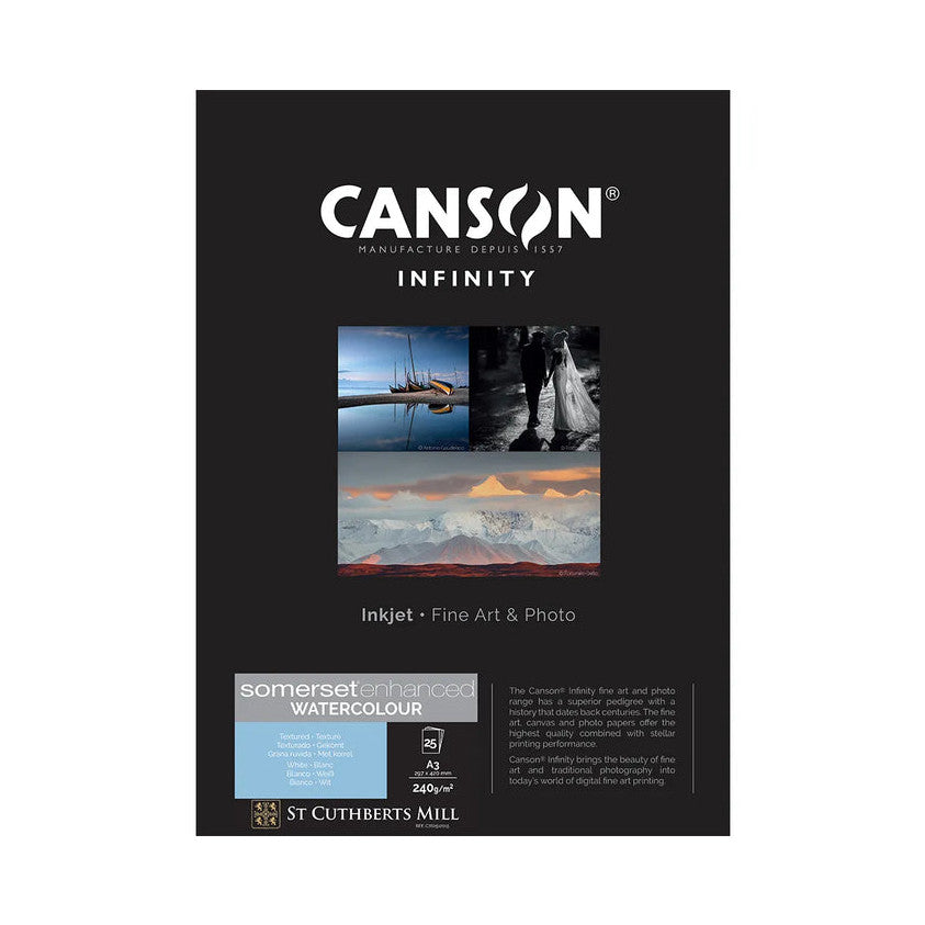 Front of Canson Infinity product packaging showing logo, sample images of photography and fine art, and product specifications for Somerset Enhanced Watercolour paper.