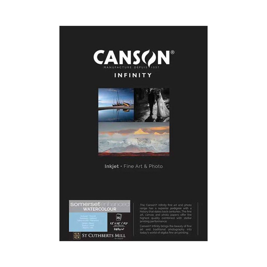 Front of Canson Infinity product box showing brand logo, paper samples with landscapes and photography, and Somerset Enhanced Watercolour paper details.