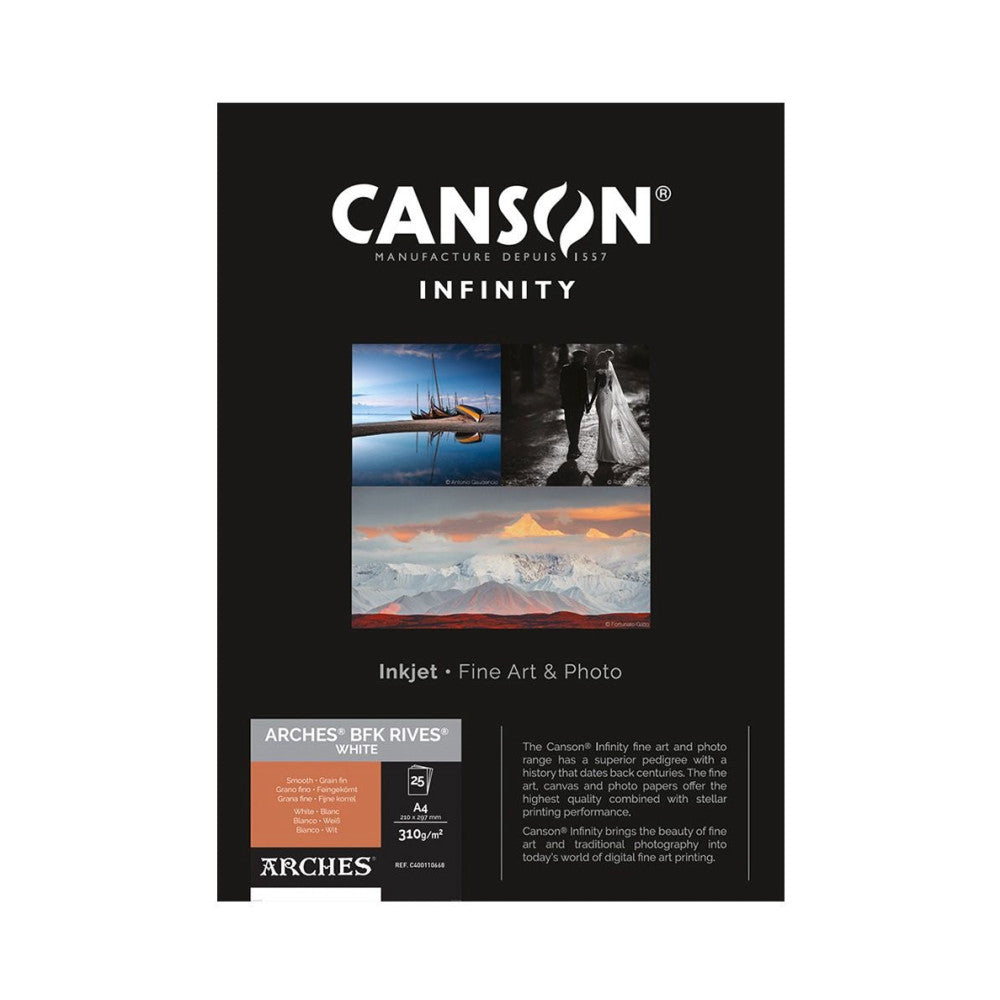 Canson Infinity product packaging front showing paper sample with fine art photography examples and product specifications on black background.