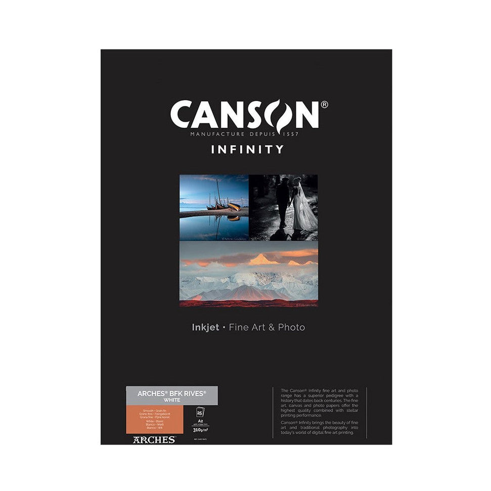 Front of Canson Infinity product packaging box displaying fine art paper samples and product specifications on black background.