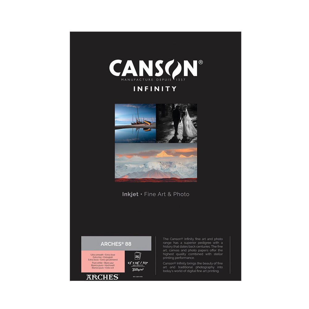 Canson Infinity product brochure cover featuring fine art paper samples with landscape and wedding photography examples on black background.