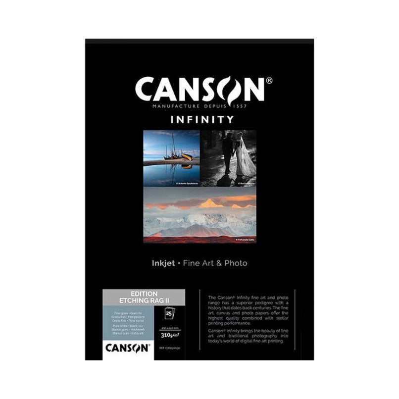 Product packaging front showing Canson Infinity branding, sample fine art photographs, and specifications for Edition Etching Rag II paper.