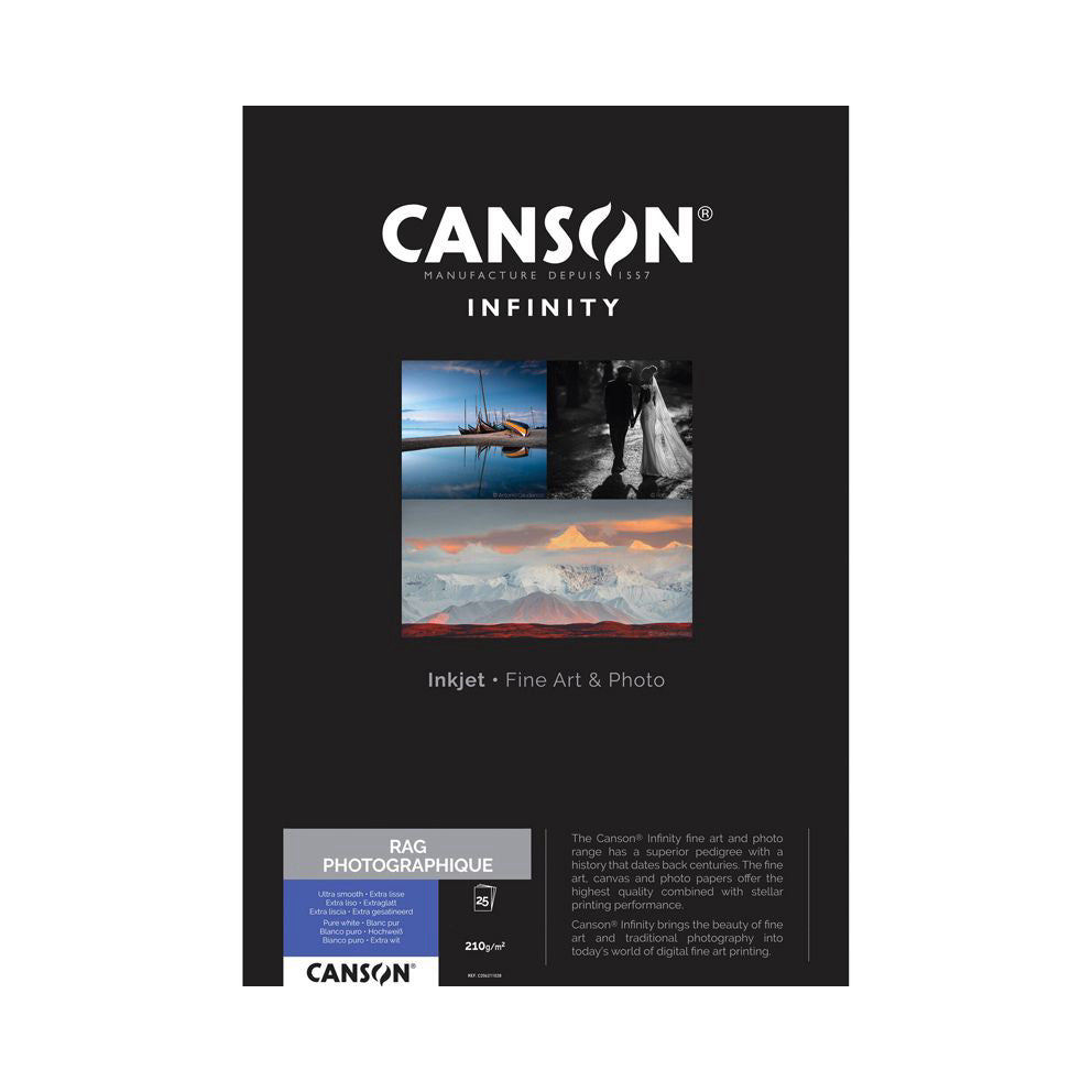 Front of Canson Infinity product box showing fine art photography samples and RAG Photographique paper specifications with 210gsm weight detail.