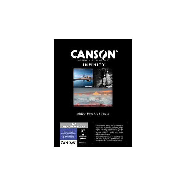 Canson Infinity product box front displaying brand logo, paper samples showing landscape and architectural photography, and product specifications label.