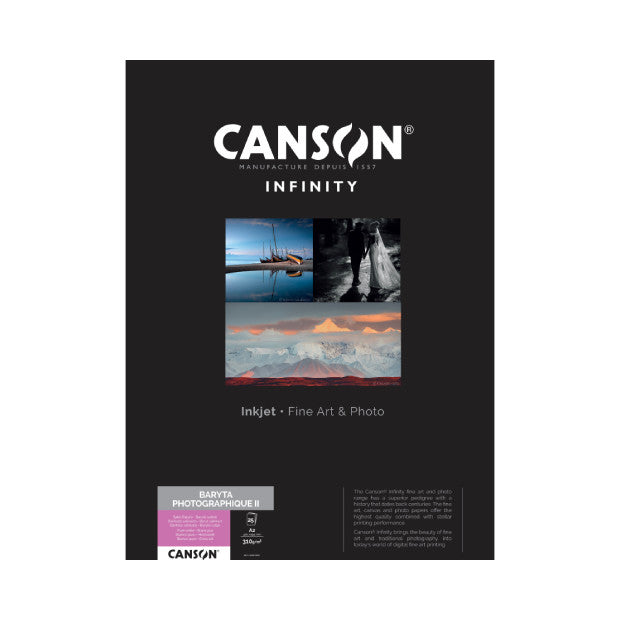 Front packaging of Canson Infinity Baryta Photographique II paper showing product logo, sample photos, and specifications on dark background.