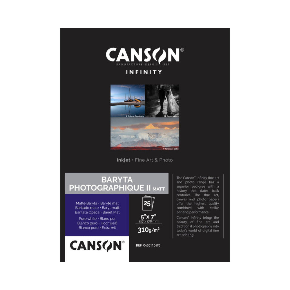 Front of Canson Infinity Baryta Photographique II product packaging showing specifications, sample photos, and paper details on black background.