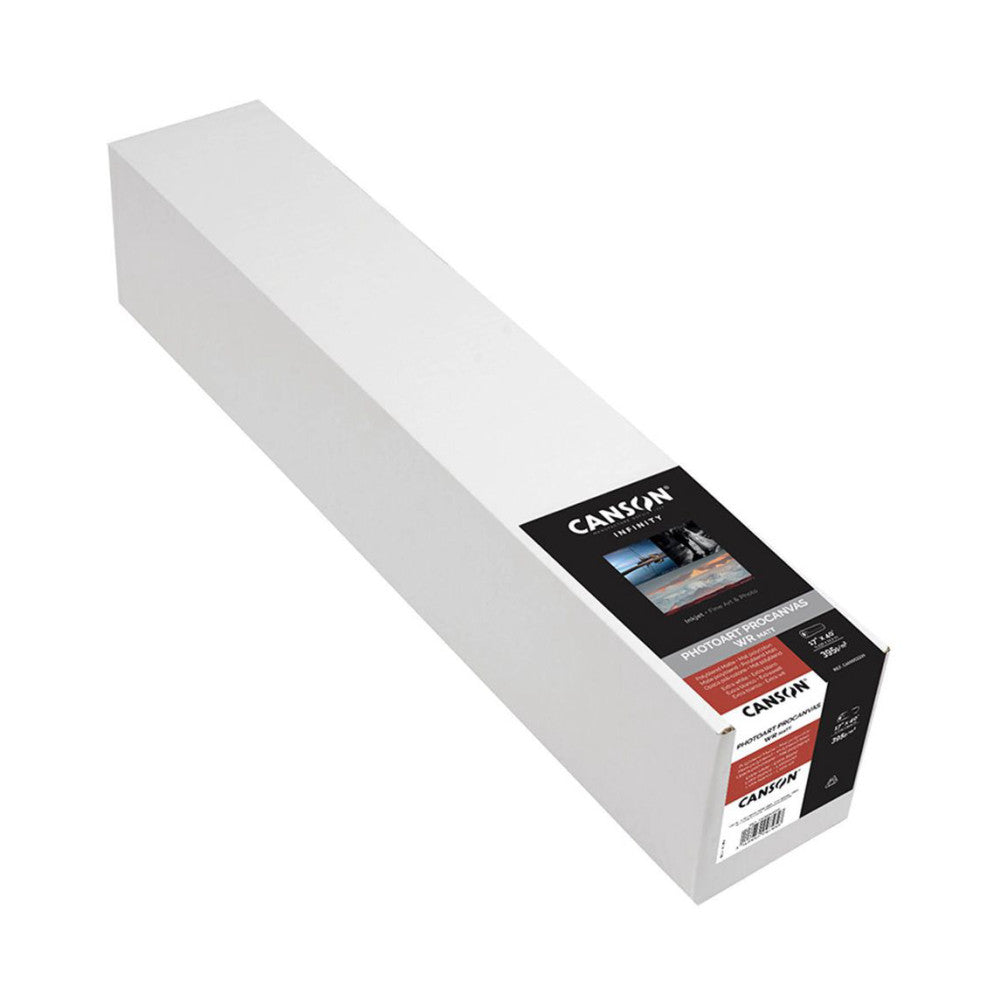 Roll of Canson Infinity PhotoArt ProCanvas Lustre paper with product label visible on the end of the white cylindrical packaging.