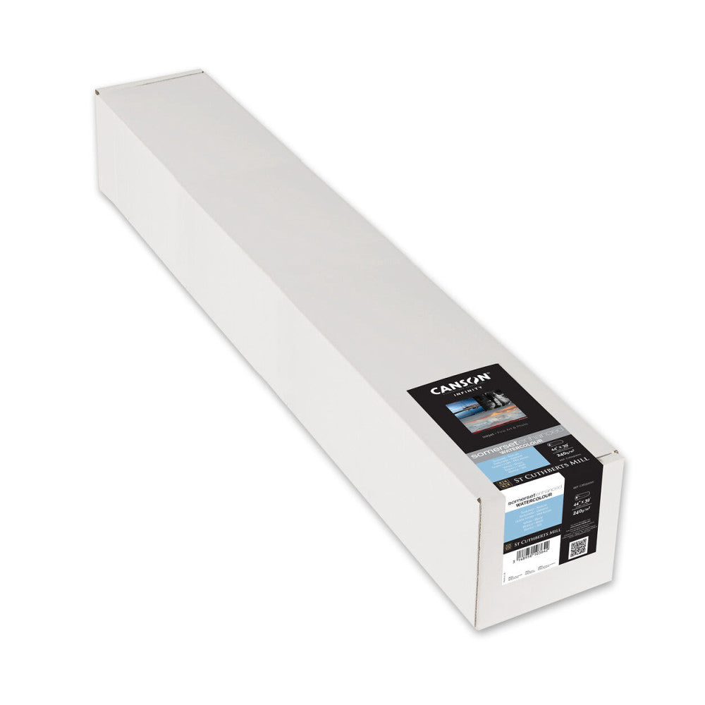Long white cardboard tube containing Canson Somerset watercolor paper roll, shown at angle with product label visible on end.
