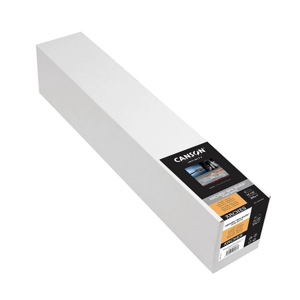 Canson Arches BFK Rives paper roll displayed at an angle showing the white cylindrical roll with product label and packaging visible on the right end.