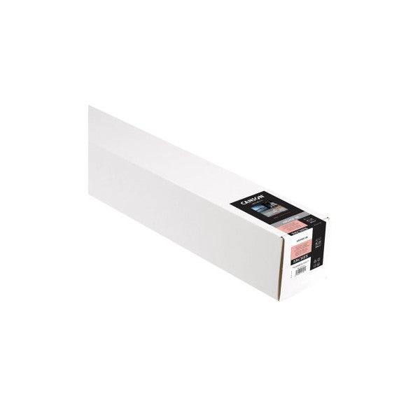 Angled view of a long white paper roll with black product packaging box displaying Canson branding at the right end.