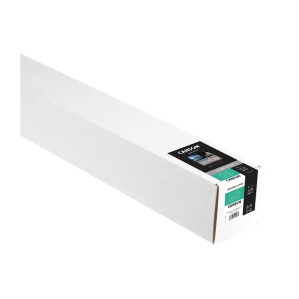 Roll of white Canson Arches Aquarelle paper with labeled end box displayed at an angle against white background.