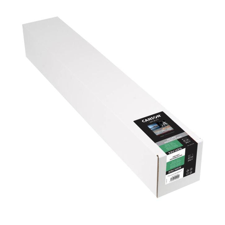 Long white roll of Canson Arches paper in packaging box shown at an angle against white background