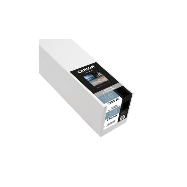 Canson Infinity Etching Rag II paper roll shown at an angle displaying product packaging with black and white labeling on cylindrical tube.