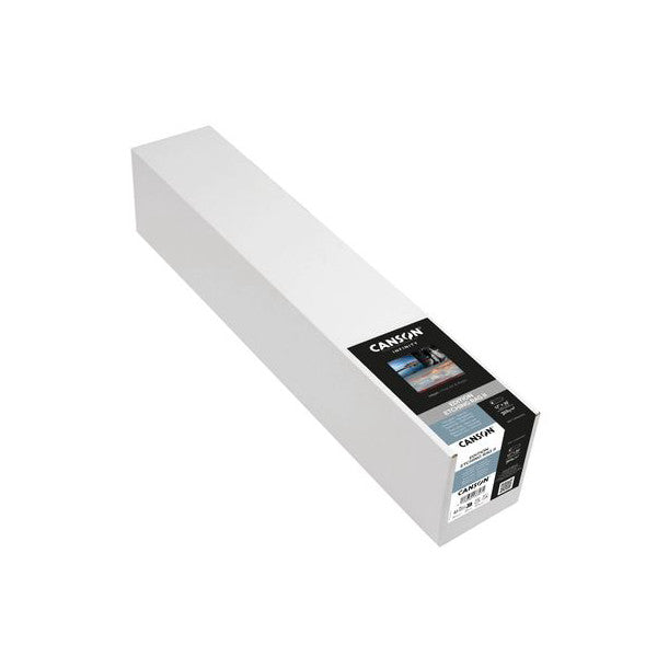 A long white paper roll in its black and white product packaging box, shown at an angled perspective against a white background.