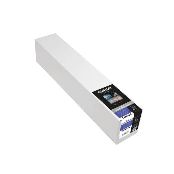 Long roll of white paper with black product label and branding visible on the end packaging, shown at an angle against white background.