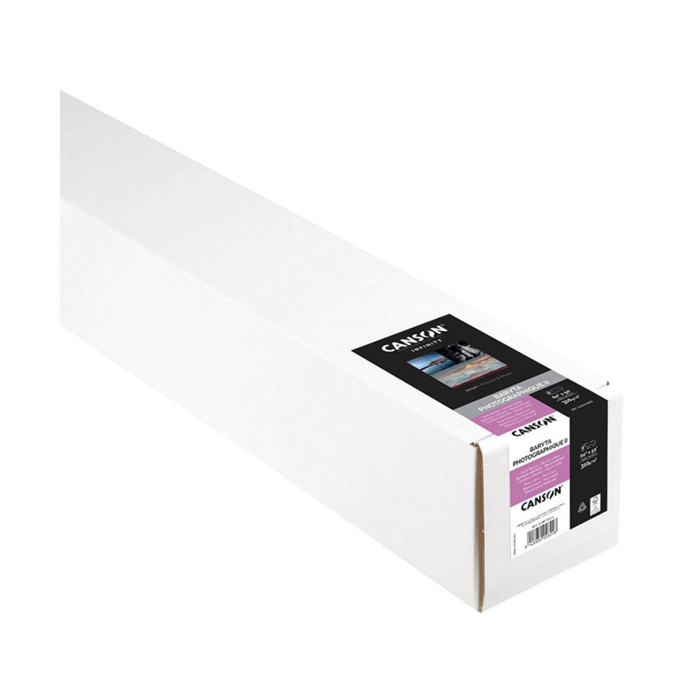 A white cylindrical roll of Canson Baryta Photographique II photo paper shown at an angle with product label visible on the end.