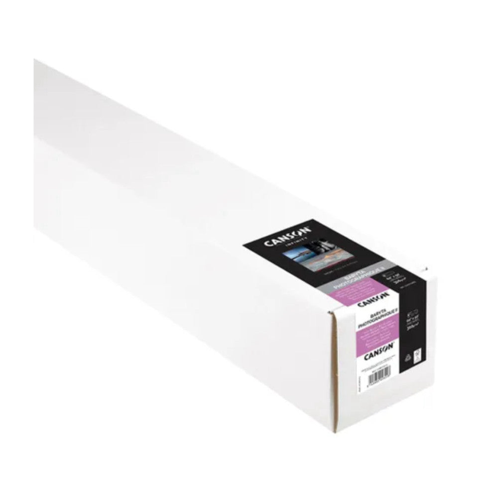 White paper roll with black and white product label showing Canson branding, displayed at an angled perspective against white background.