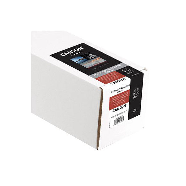 White cardboard box of Canson canvas roll shown at an angle, displaying product label and branding on top and sides.