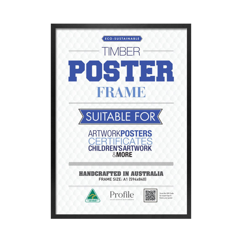 Front view of a black timber poster frame displaying product information about eco-sustainable materials and suitability for artwork and certificates.