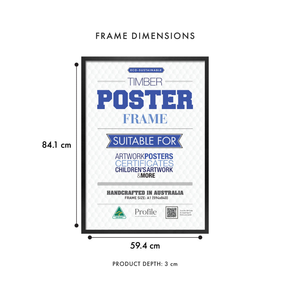 Front view of black timber poster frame showing dimensions: 59.4cm width, 84.1cm height, 3cm depth, with A1 size specification.