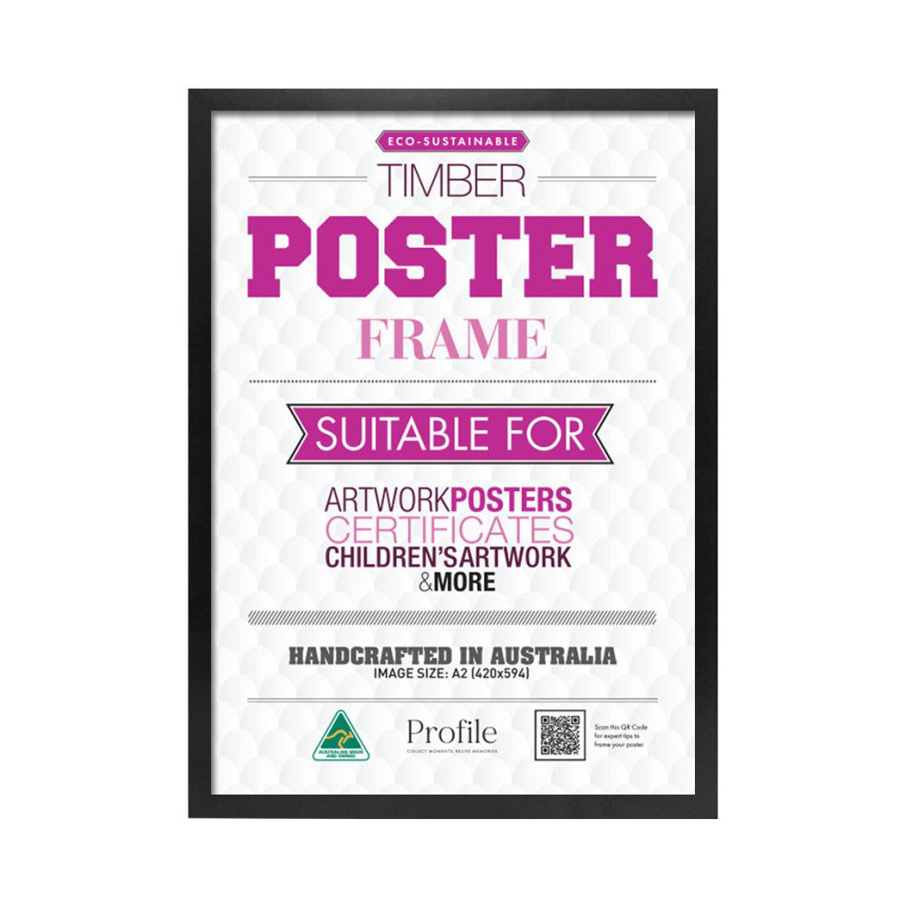 Black timber poster frame displayed front-on, featuring white matting with purple text describing eco-sustainable features and A2 image size specifications.