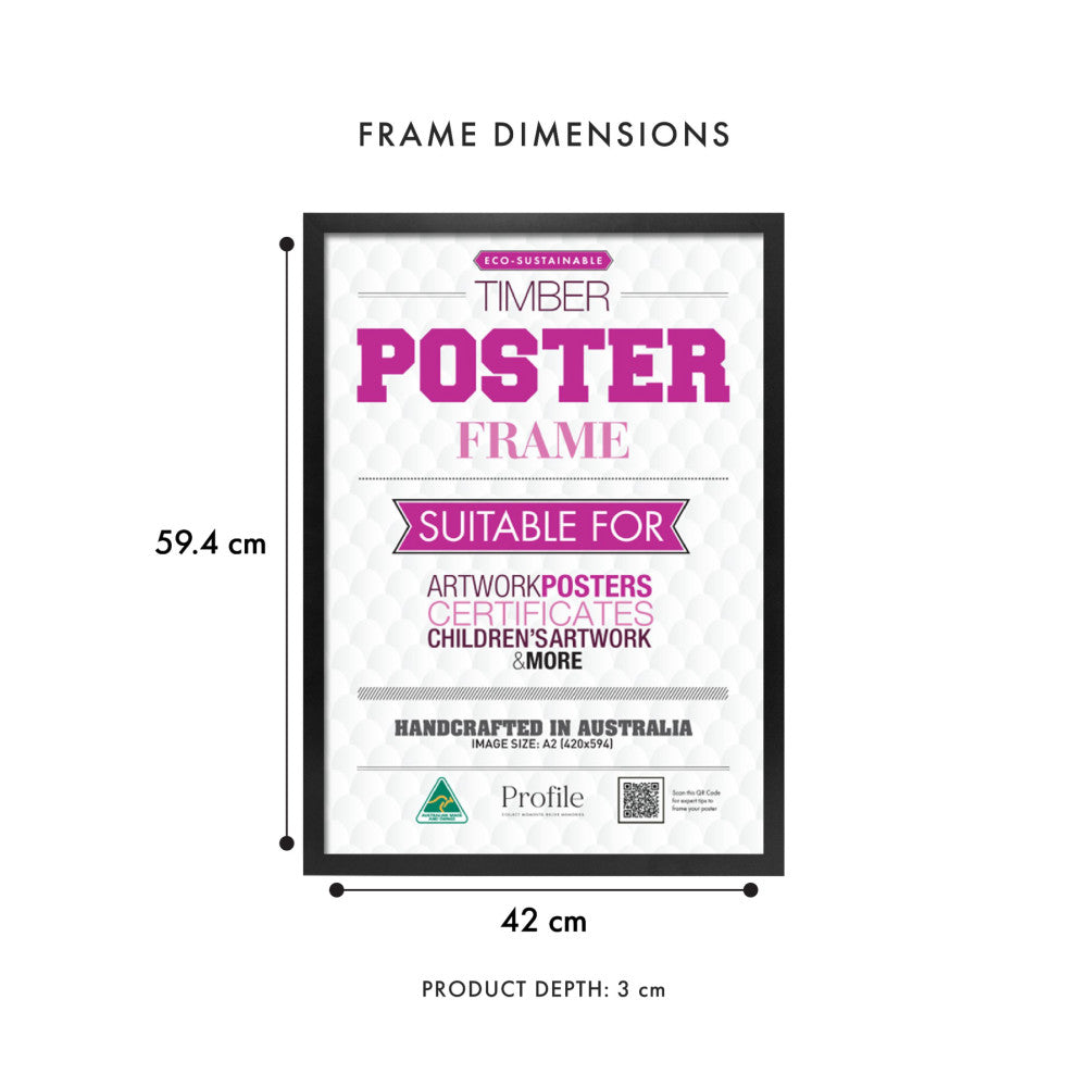 Front view of black timber poster frame showing dimensions: 42cm width, 59.4cm height, 3cm depth, with A2 poster displayed inside.