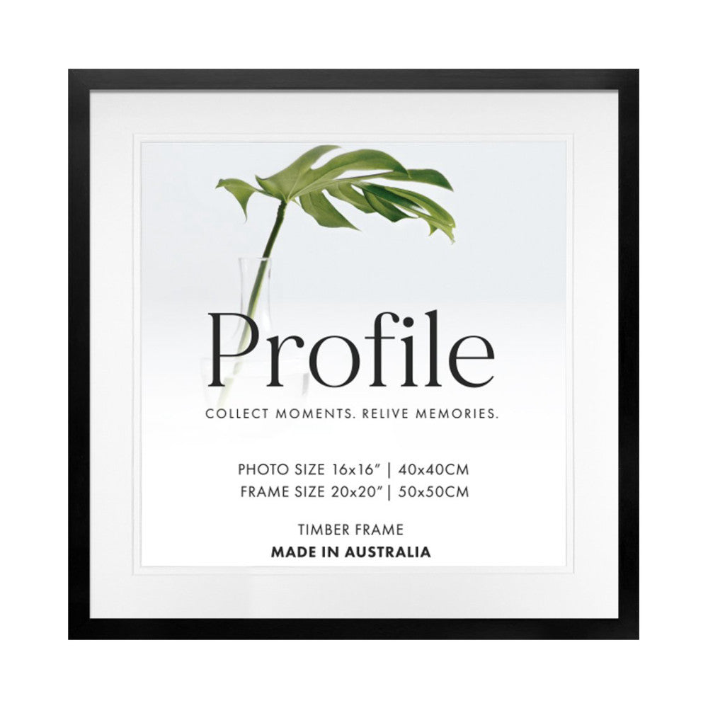 Front view of black timber picture frame displaying white matting with green plant stem and "Profile" branding text.