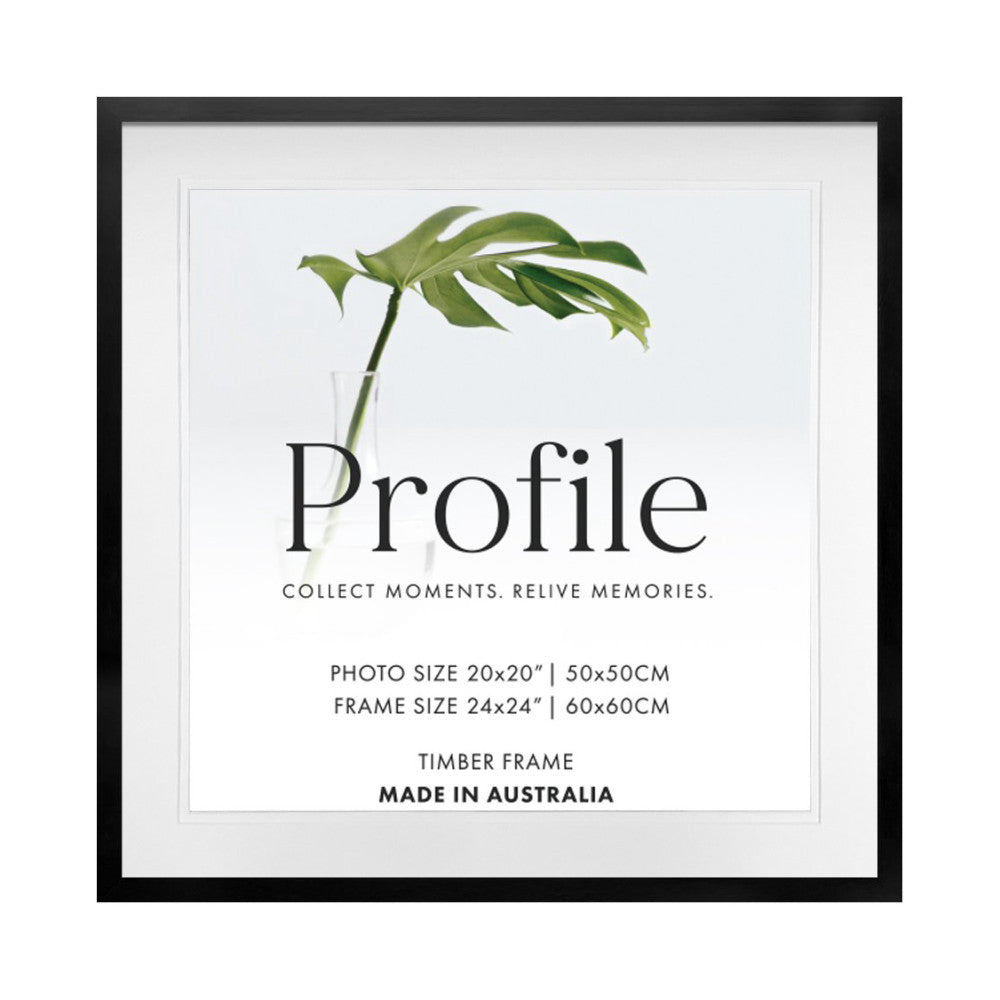 Front view of black timber picture frame with white matting, displaying product information and a green plant stem illustration.