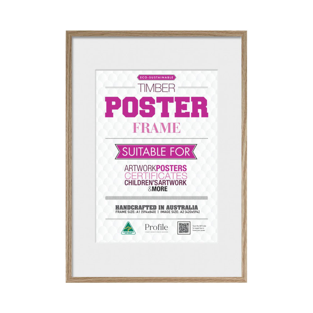 Front view of a natural oak timber poster frame displaying a white insert with purple text describing eco-sustainable timber frame features.