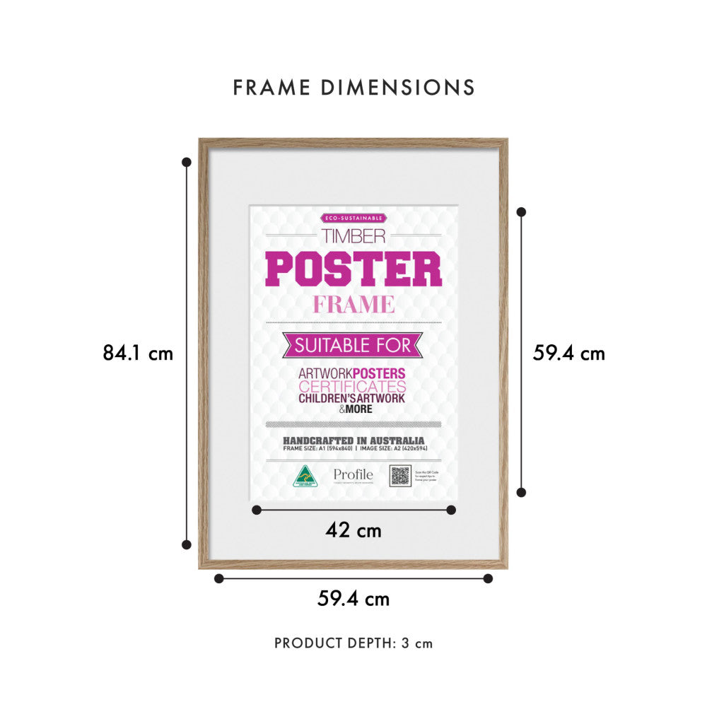 Front view of a natural oak timber poster frame showing dimensions: 59.4cm width, 84.1cm height, 42cm inner width, 3cm depth, with A1 poster displayed inside.