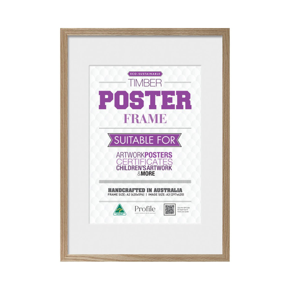 Wooden timber poster frame with natural oak finish displaying a white mat board and product information card, shown straight-on front view.
