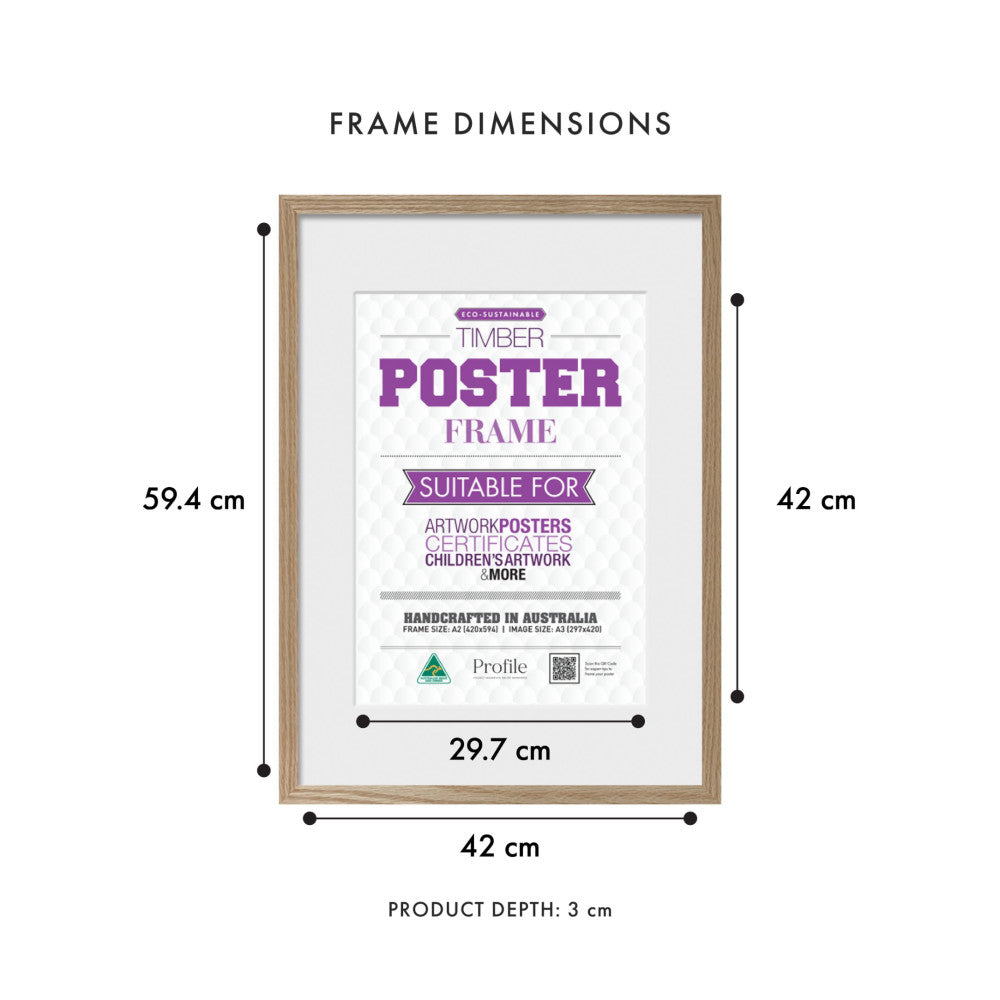 Front view of a natural oak timber poster frame showing dimensions labeled on all sides: 42cm width, 59.4cm height, and 3cm depth.