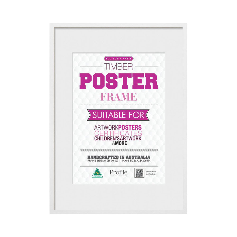 White timber poster frame displaying eco-sustainable product information and specifications on front-facing view.